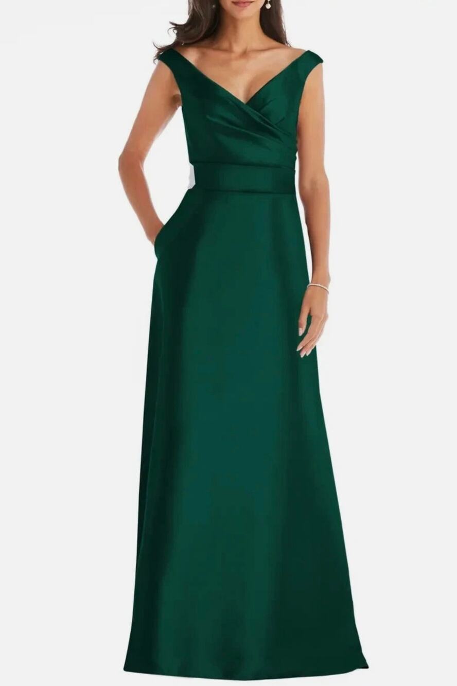 NWT Alfred Sung Off The Shoulder Trumpet Gown with Front Slit Hunter Green 14 - Picture 1 of 10